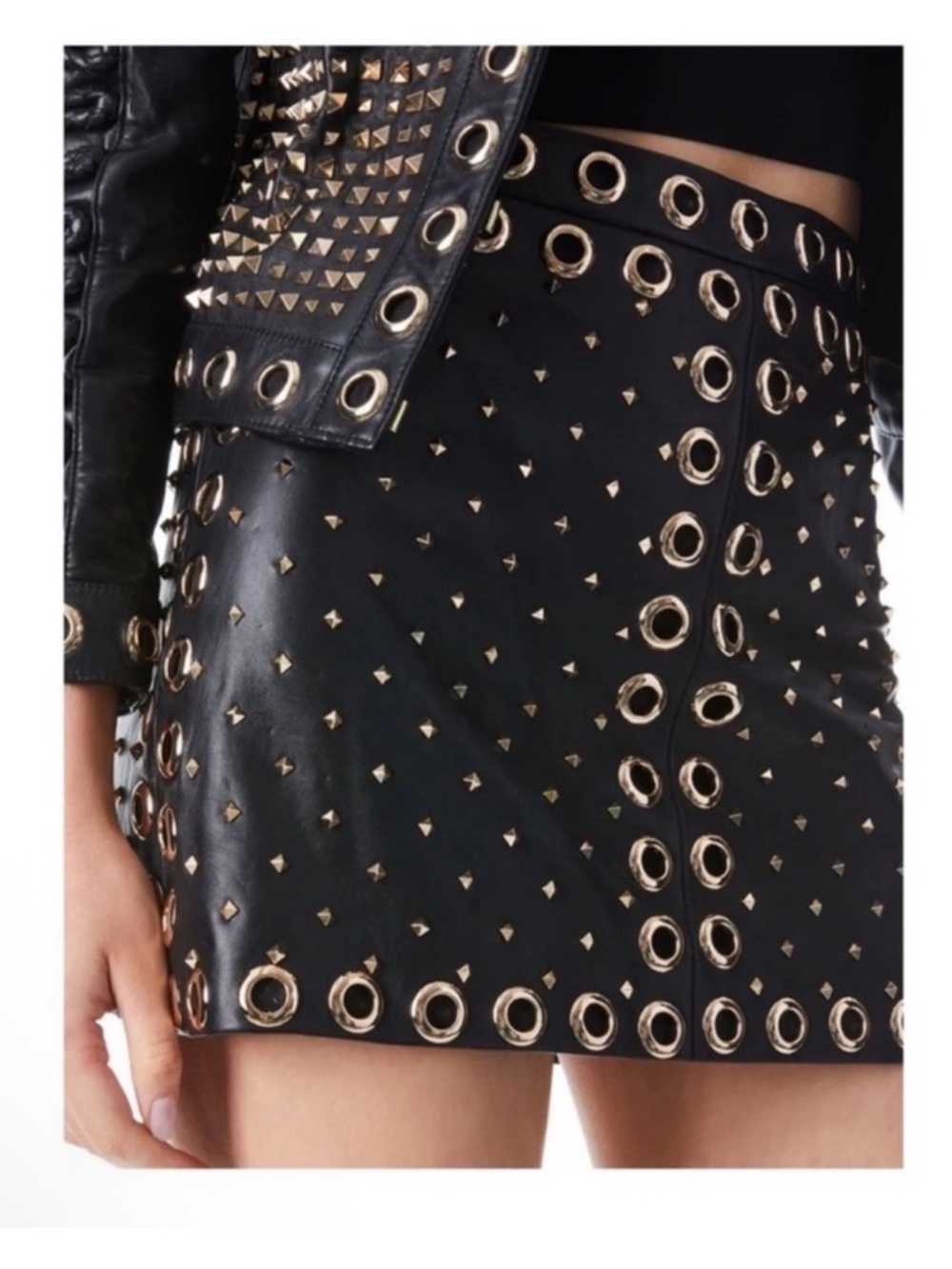 New! ALICE + OLIVIA Embellished Studded Lamb Leather Mini Skirt in Black